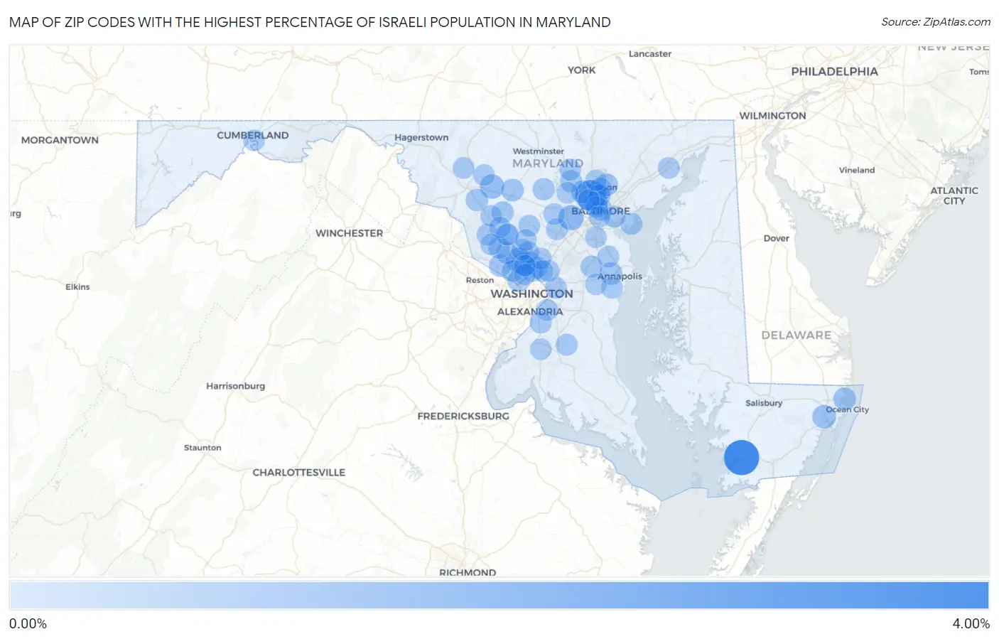 Zip Codes with the Highest Percentage of Israeli Population in Maryland Map