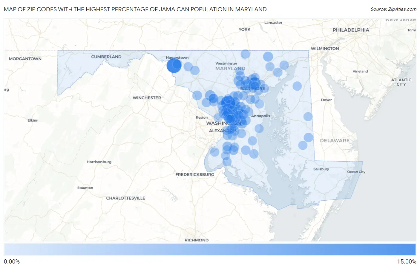 Zip Codes with the Highest Percentage of Jamaican Population in Maryland Map