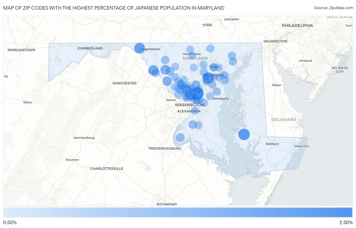 Zip Codes with the Highest Percentage of Japanese Population in Maryland Map