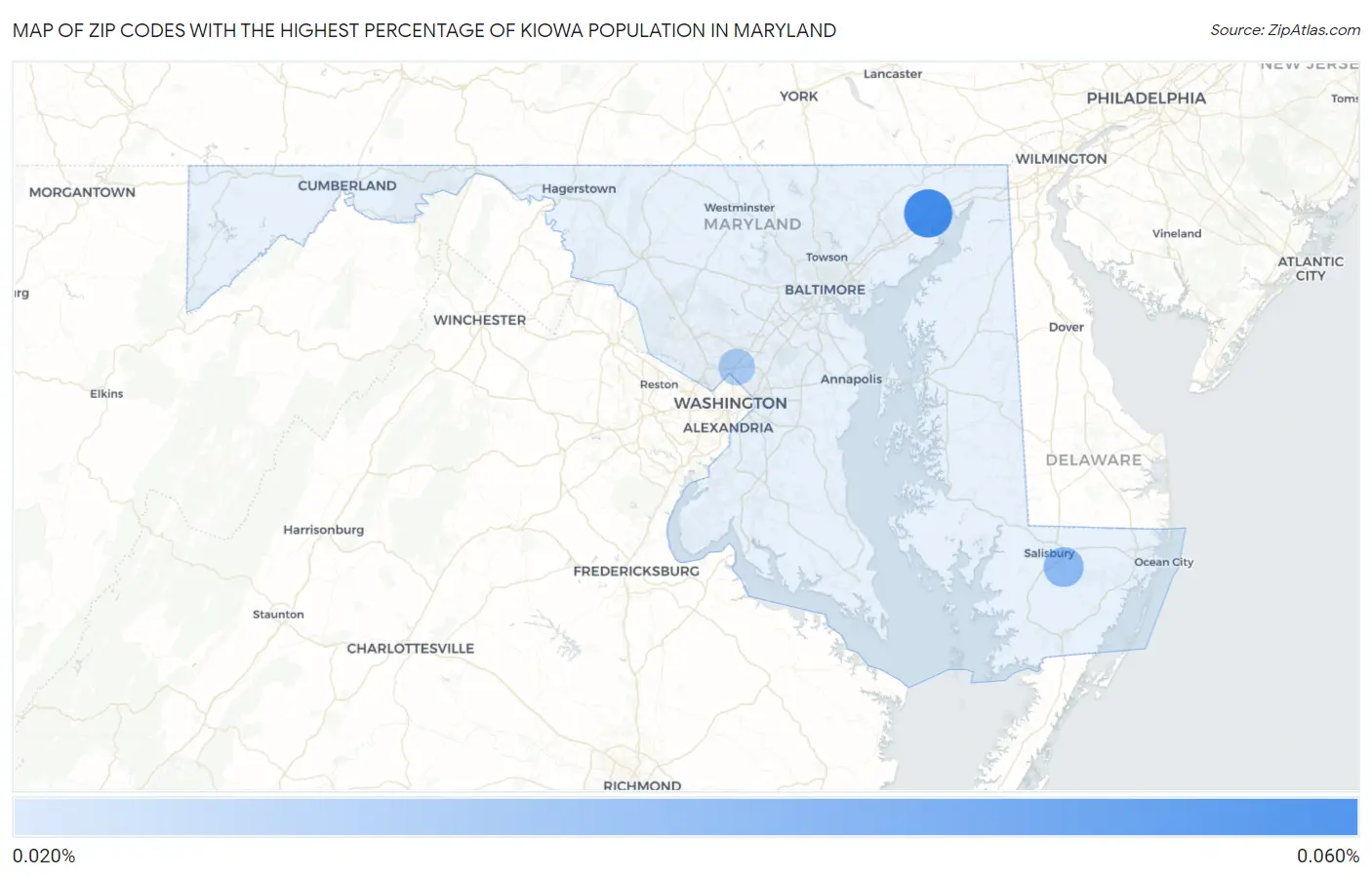 Zip Codes with the Highest Percentage of Kiowa Population in Maryland Map