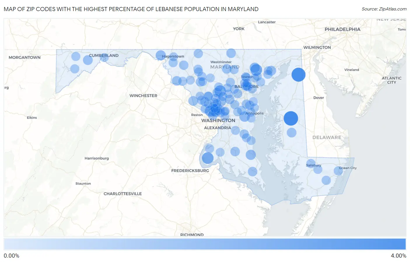 Zip Codes with the Highest Percentage of Lebanese Population in Maryland Map