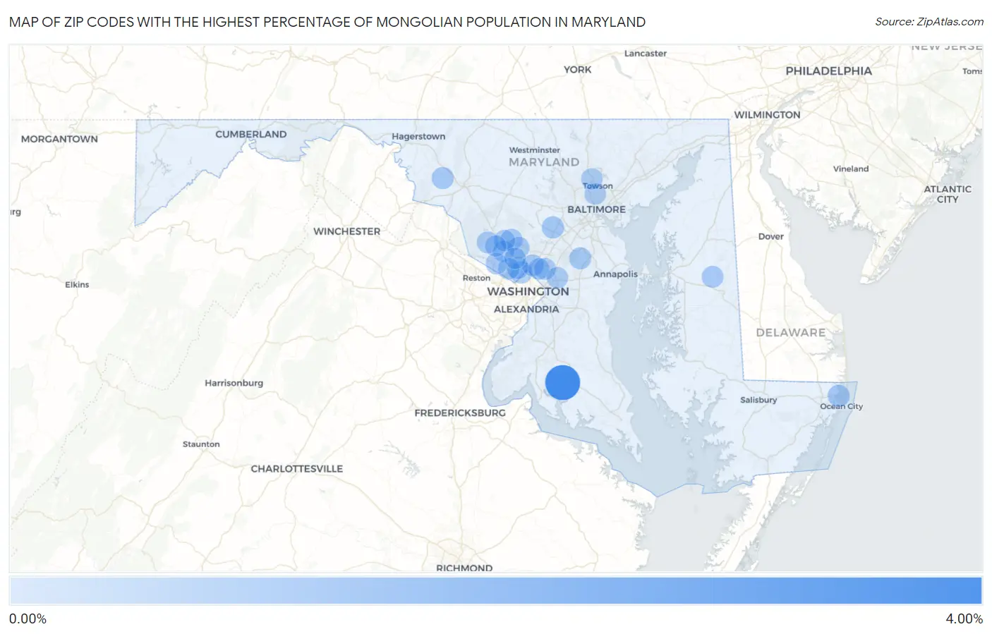 Zip Codes with the Highest Percentage of Mongolian Population in Maryland Map