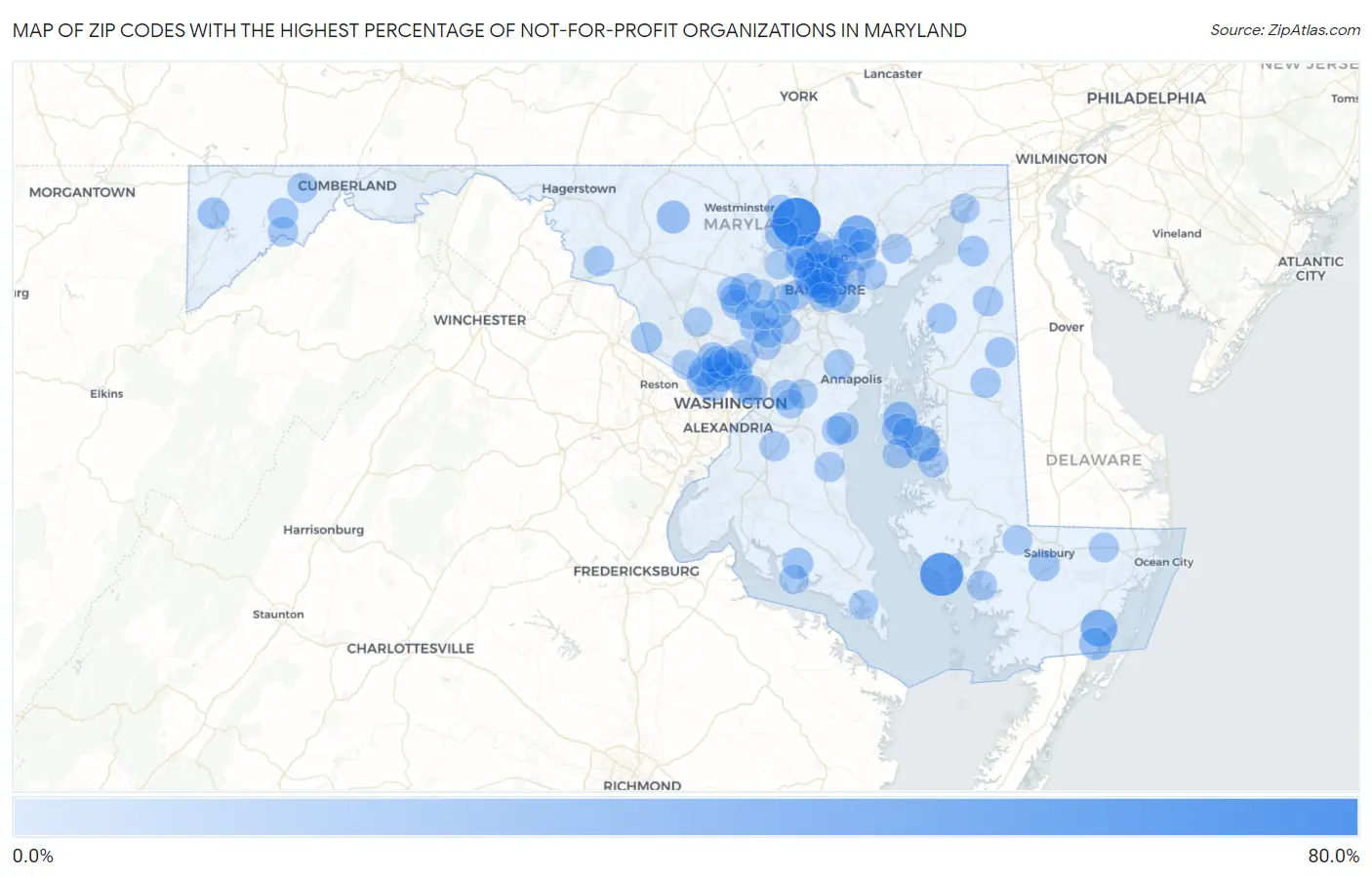 Zip Codes with the Highest Percentage of Not-for-profit Organizations in Maryland Map