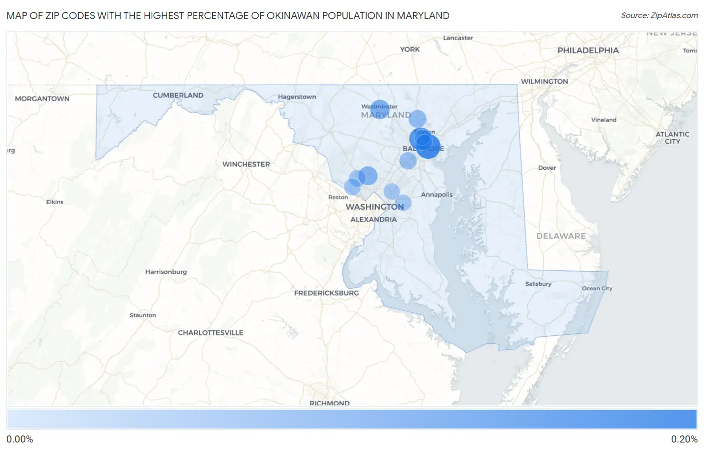 Zip Codes with the Highest Percentage of Okinawan Population in Maryland Map