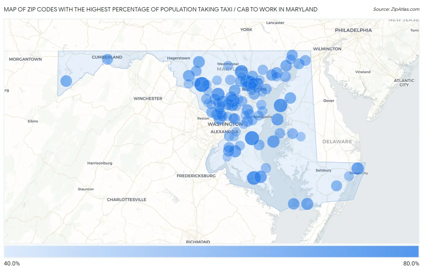 Zip Codes with the Highest Percentage of Population Taking Taxi / Cab to Work in Maryland Map
