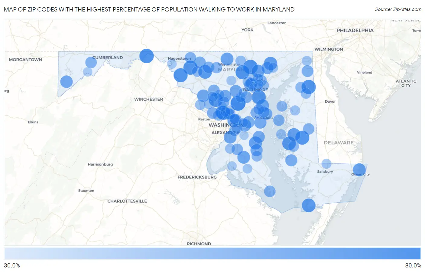 Zip Codes with the Highest Percentage of Population Walking to Work in Maryland Map