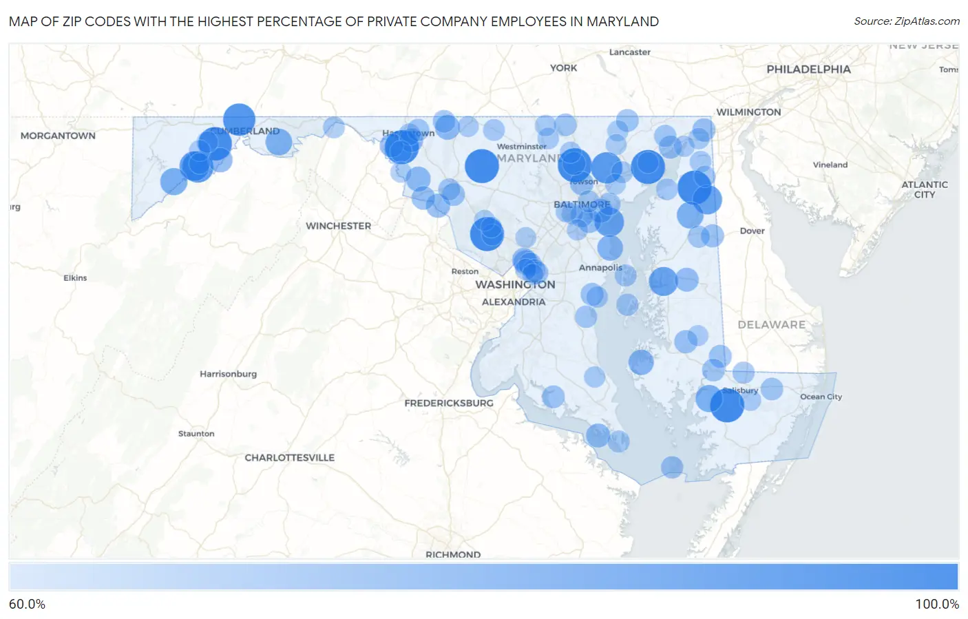 Zip Codes with the Highest Percentage of Private Company Employees in Maryland Map