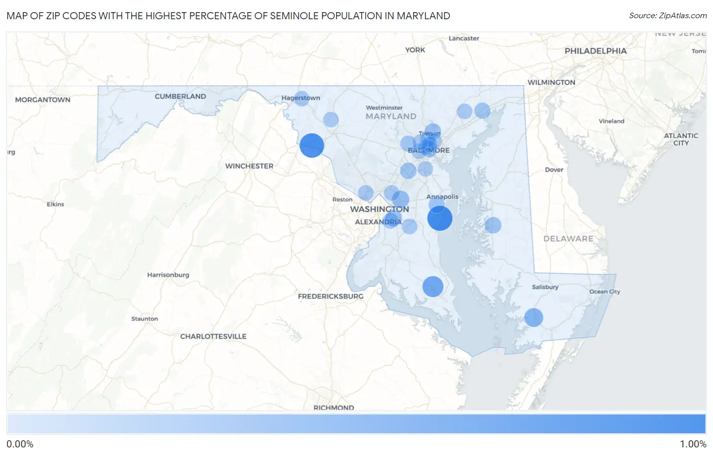 Zip Codes with the Highest Percentage of Seminole Population in Maryland Map