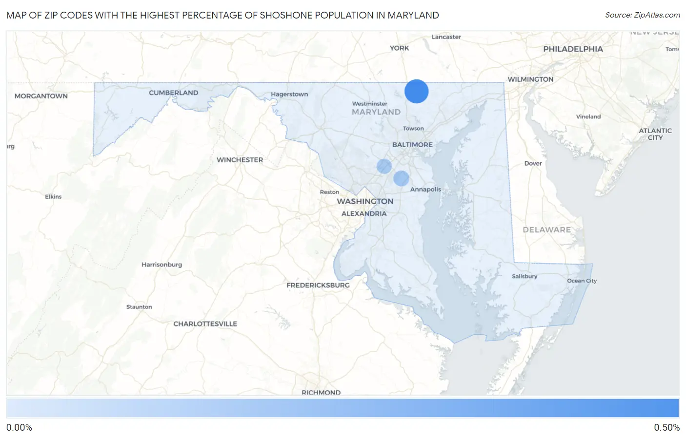 Zip Codes with the Highest Percentage of Shoshone Population in Maryland Map