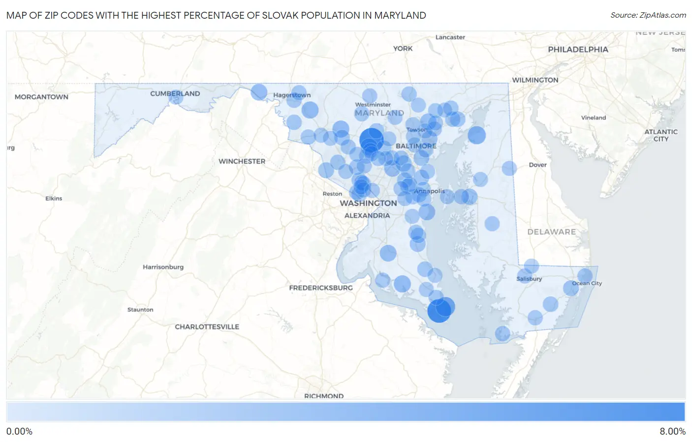 Zip Codes with the Highest Percentage of Slovak Population in Maryland Map