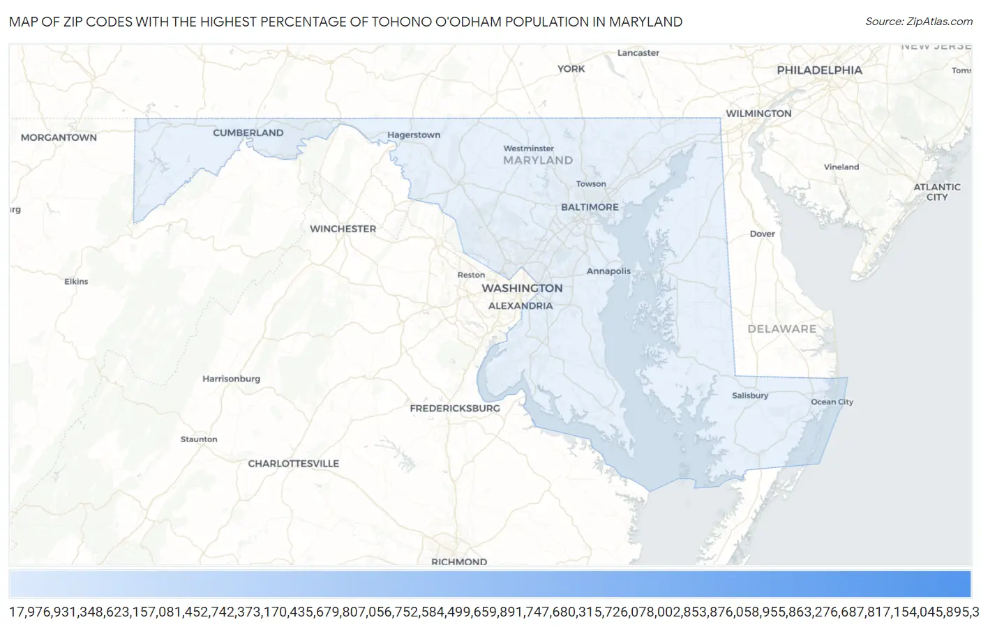 Zip Codes with the Highest Percentage of Tohono O'Odham Population in Maryland Map