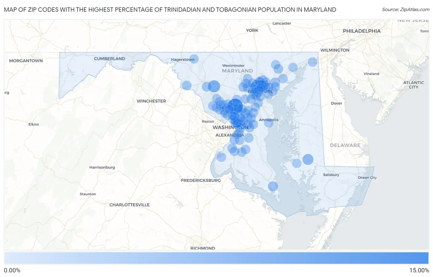 Zip Codes with the Highest Percentage of Trinidadian and Tobagonian Population in Maryland Map