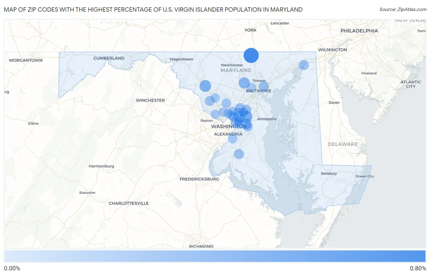 Zip Codes with the Highest Percentage of U.S. Virgin Islander Population in Maryland Map