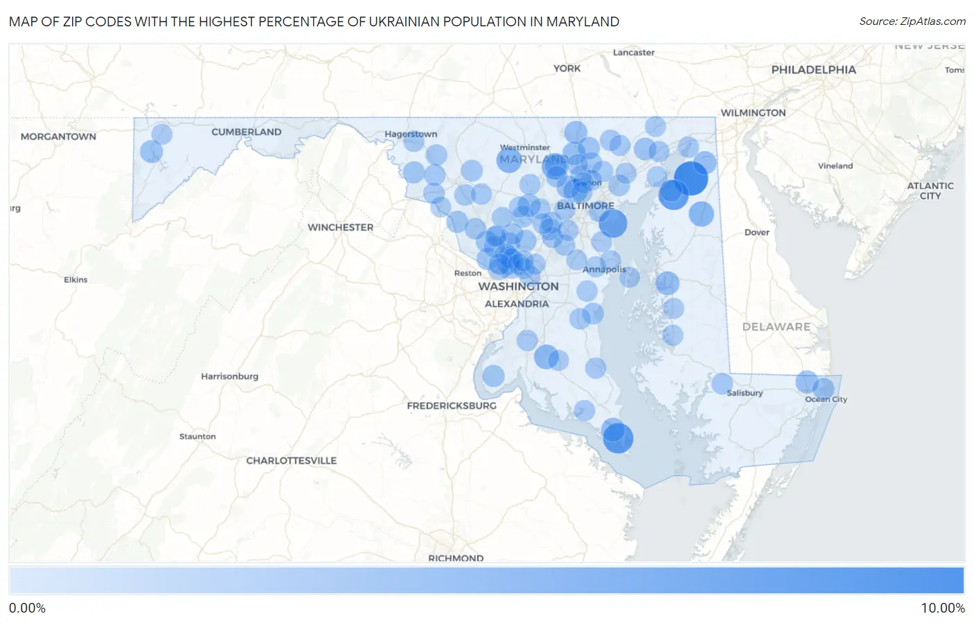 Zip Codes with the Highest Percentage of Ukrainian Population in Maryland Map
