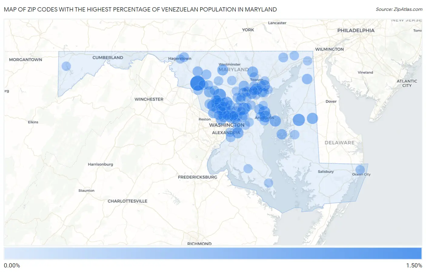 Zip Codes with the Highest Percentage of Venezuelan Population in Maryland Map