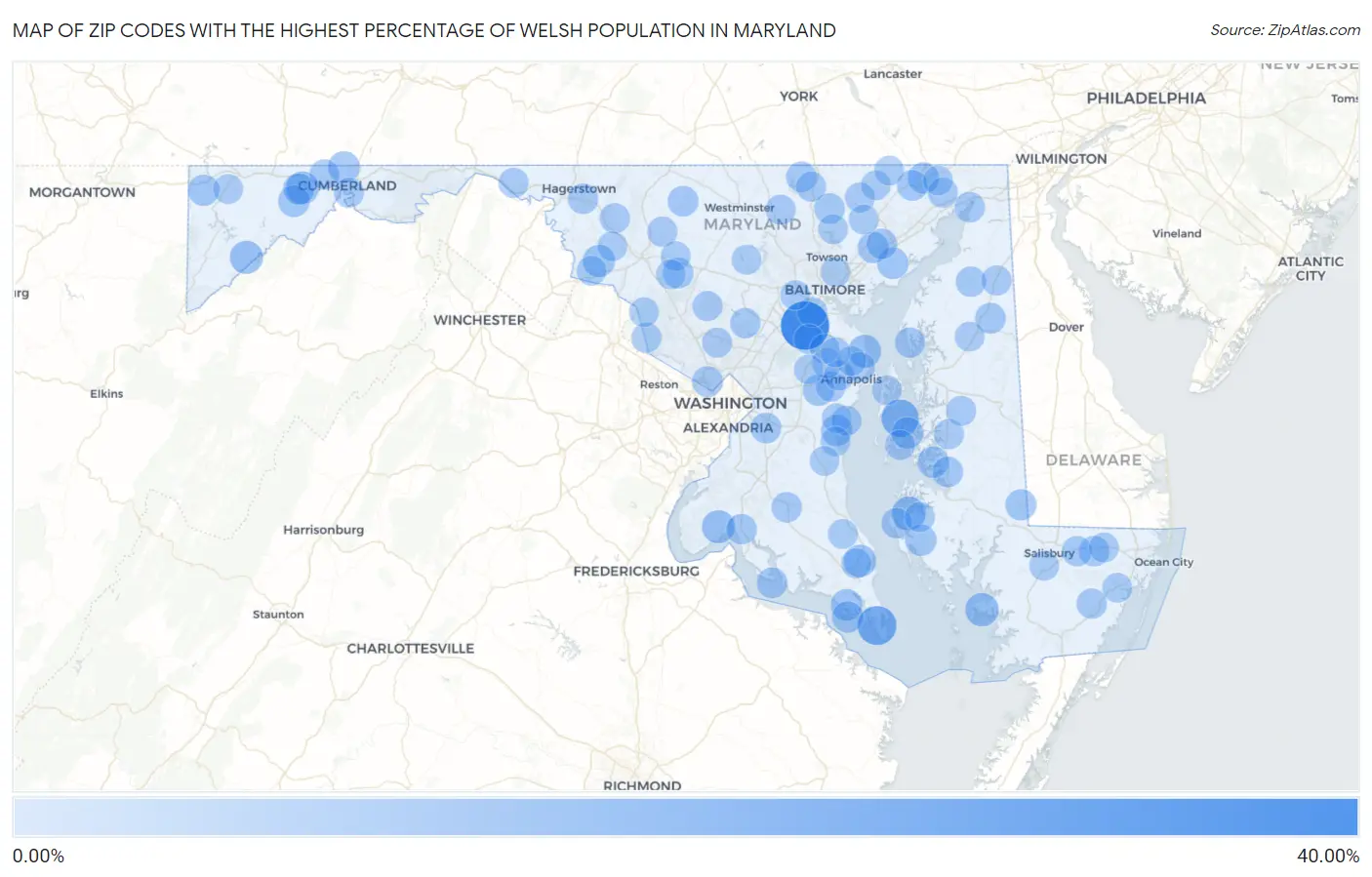 Zip Codes with the Highest Percentage of Welsh Population in Maryland Map