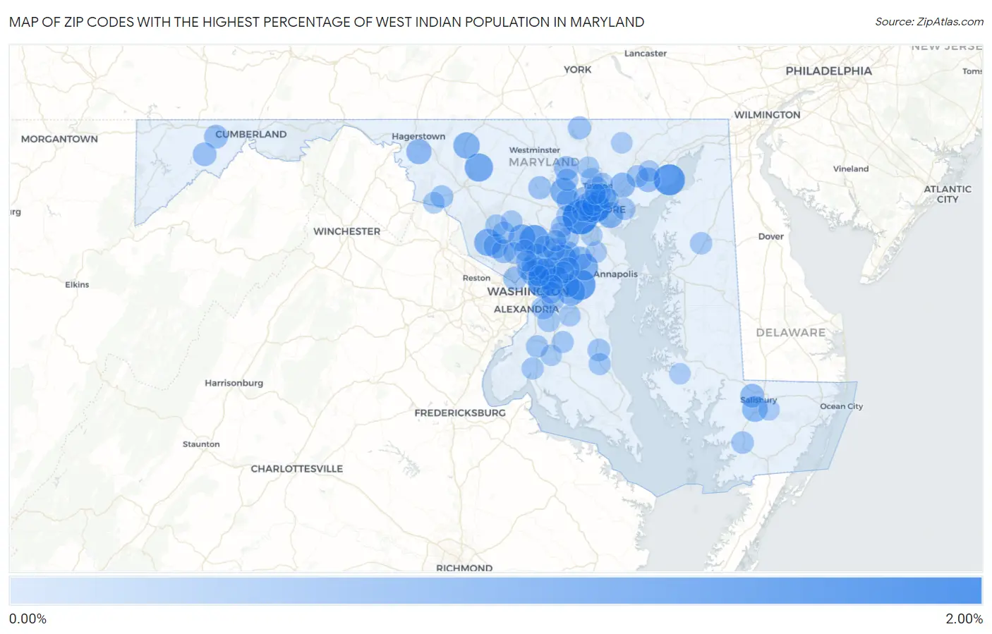 Zip Codes with the Highest Percentage of West Indian Population in Maryland Map