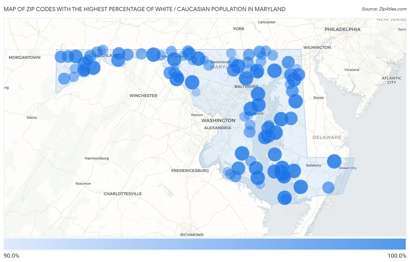 Zip Codes with the Highest Percentage of White / Caucasian Population in Maryland Map