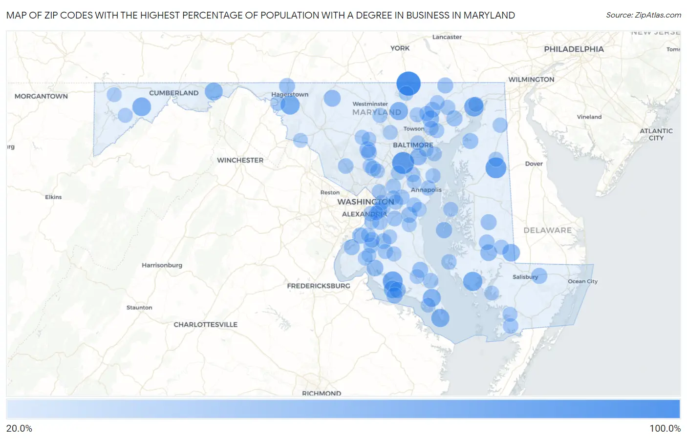 Zip Codes with the Highest Percentage of Population with a Degree in Business in Maryland Map