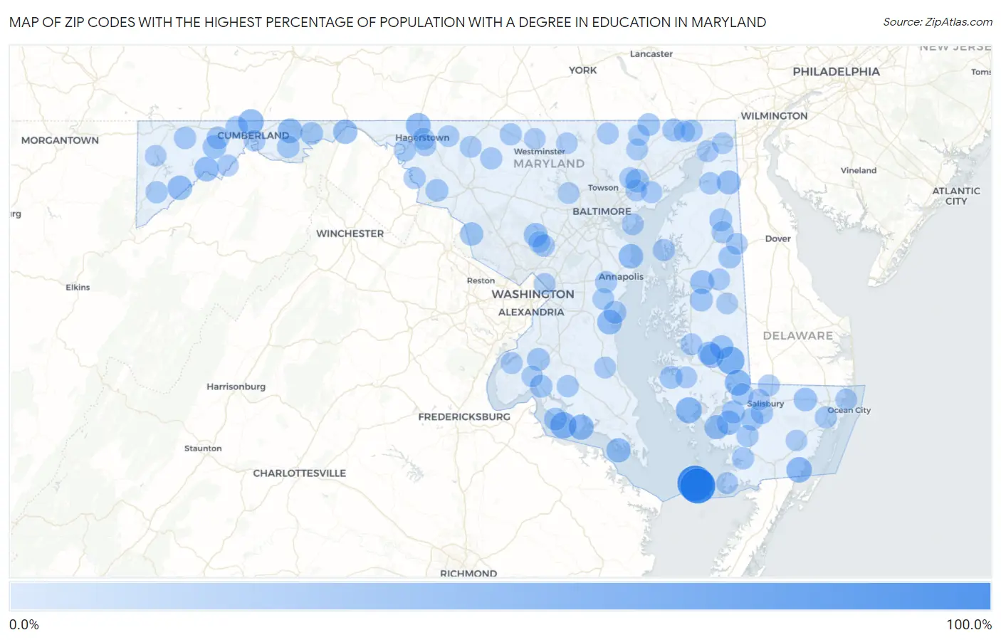 Zip Codes with the Highest Percentage of Population with a Degree in Education in Maryland Map