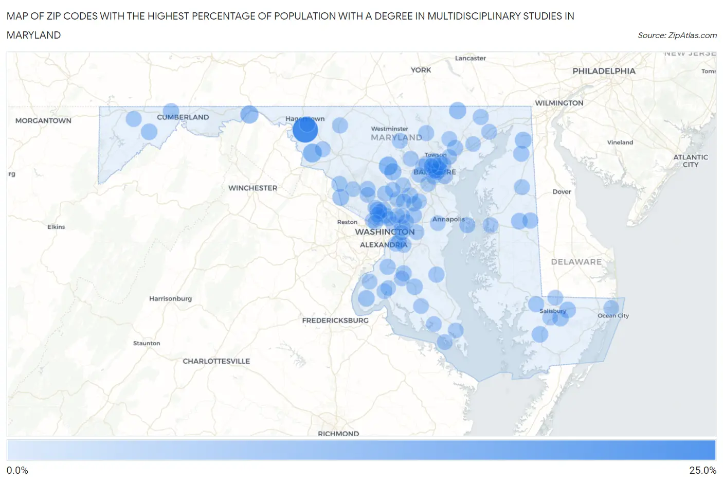 Zip Codes with the Highest Percentage of Population with a Degree in Multidisciplinary Studies in Maryland Map