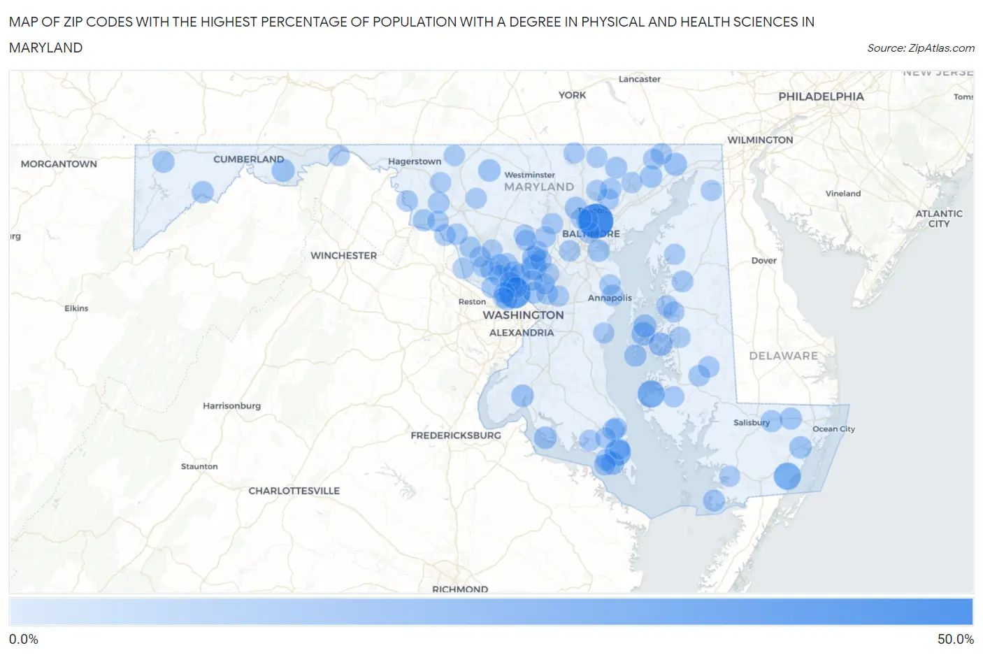 Zip Codes with the Highest Percentage of Population with a Degree in Physical and Health Sciences in Maryland Map