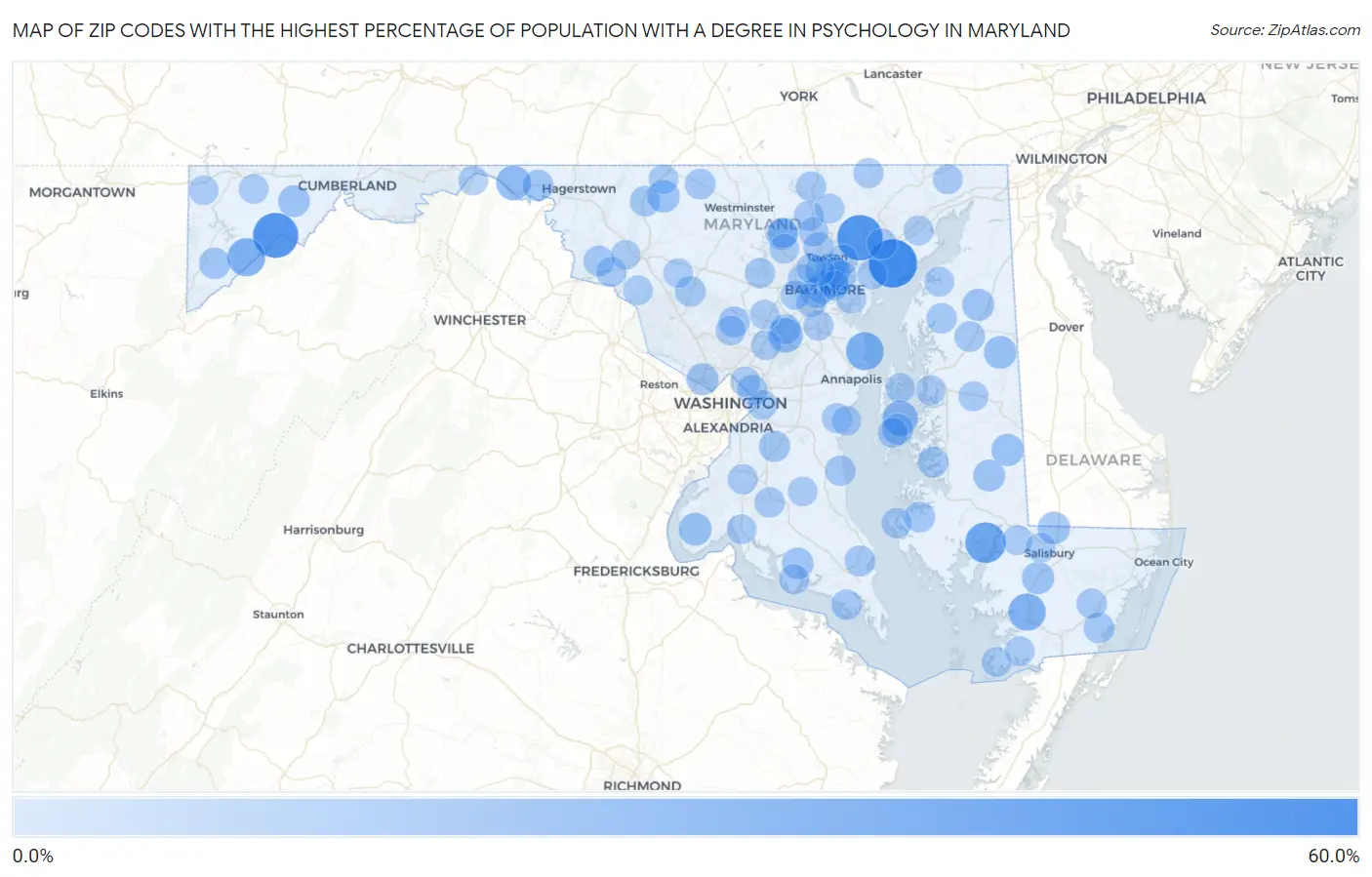 Zip Codes with the Highest Percentage of Population with a Degree in Psychology in Maryland Map