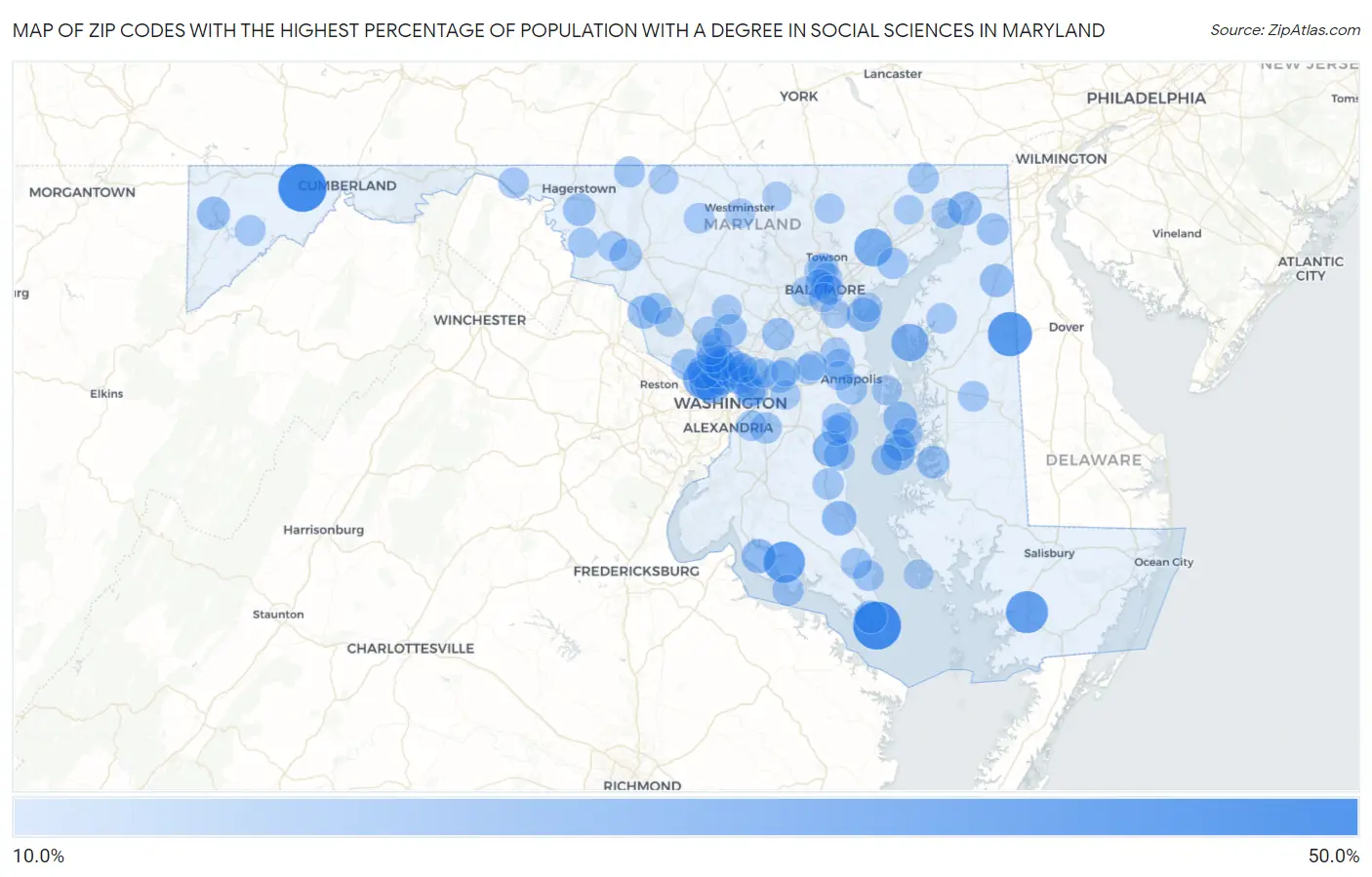 Zip Codes with the Highest Percentage of Population with a Degree in Social Sciences in Maryland Map