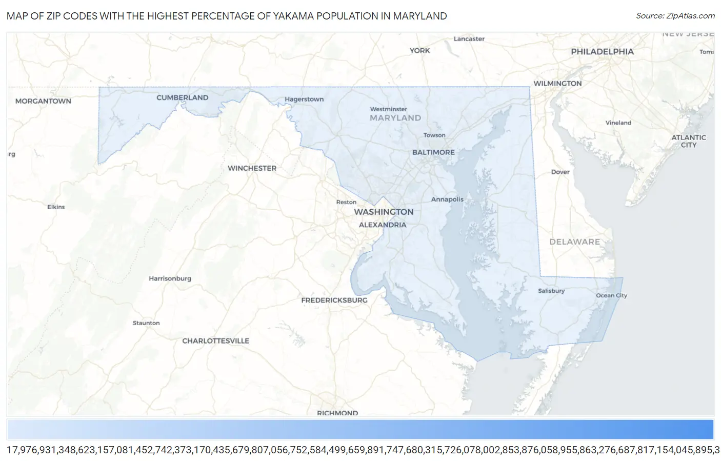 Zip Codes with the Highest Percentage of Yakama Population in Maryland Map