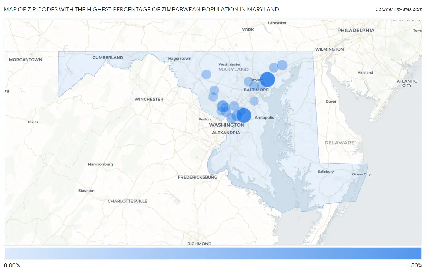 Zip Codes with the Highest Percentage of Zimbabwean Population in Maryland Map