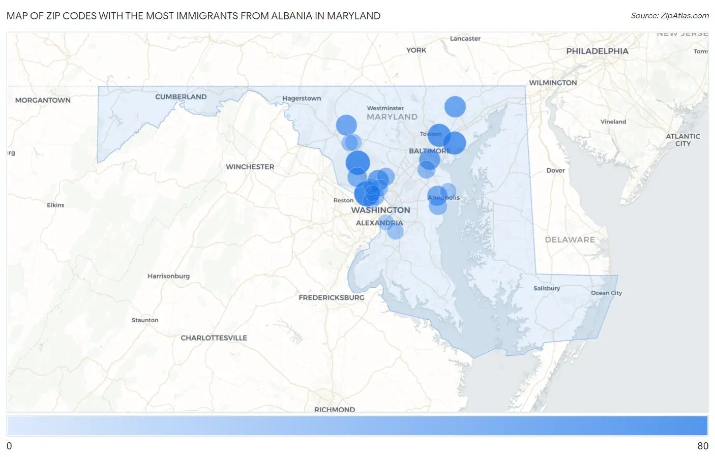 Zip Codes with the Most Immigrants from Albania in Maryland Map