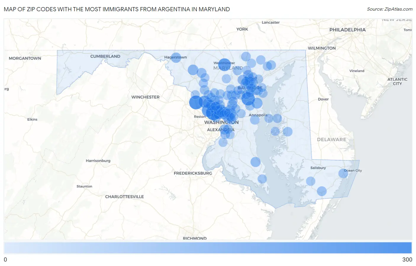 Zip Codes with the Most Immigrants from Argentina in Maryland Map