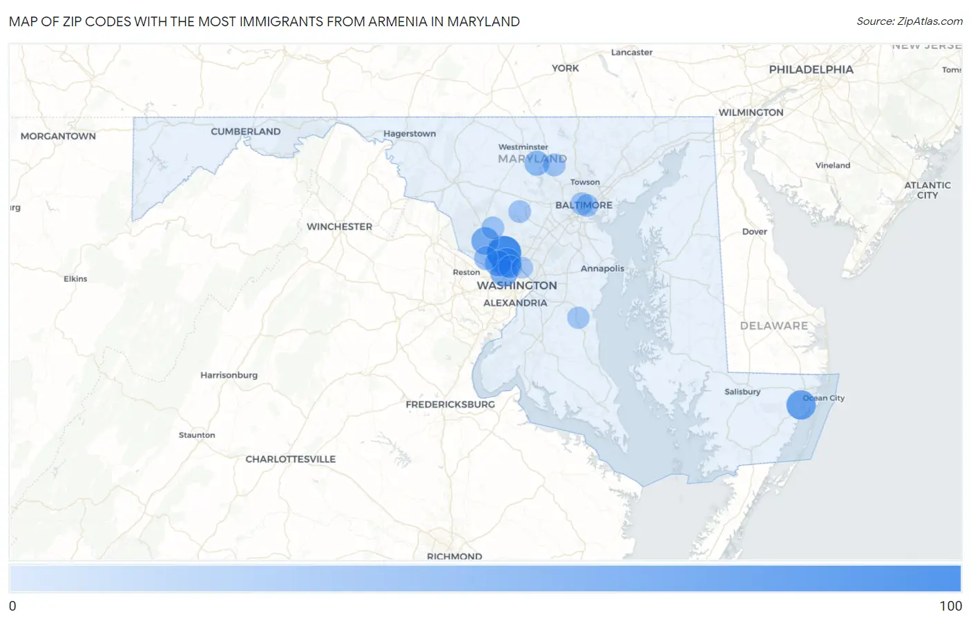 Zip Codes with the Most Immigrants from Armenia in Maryland Map