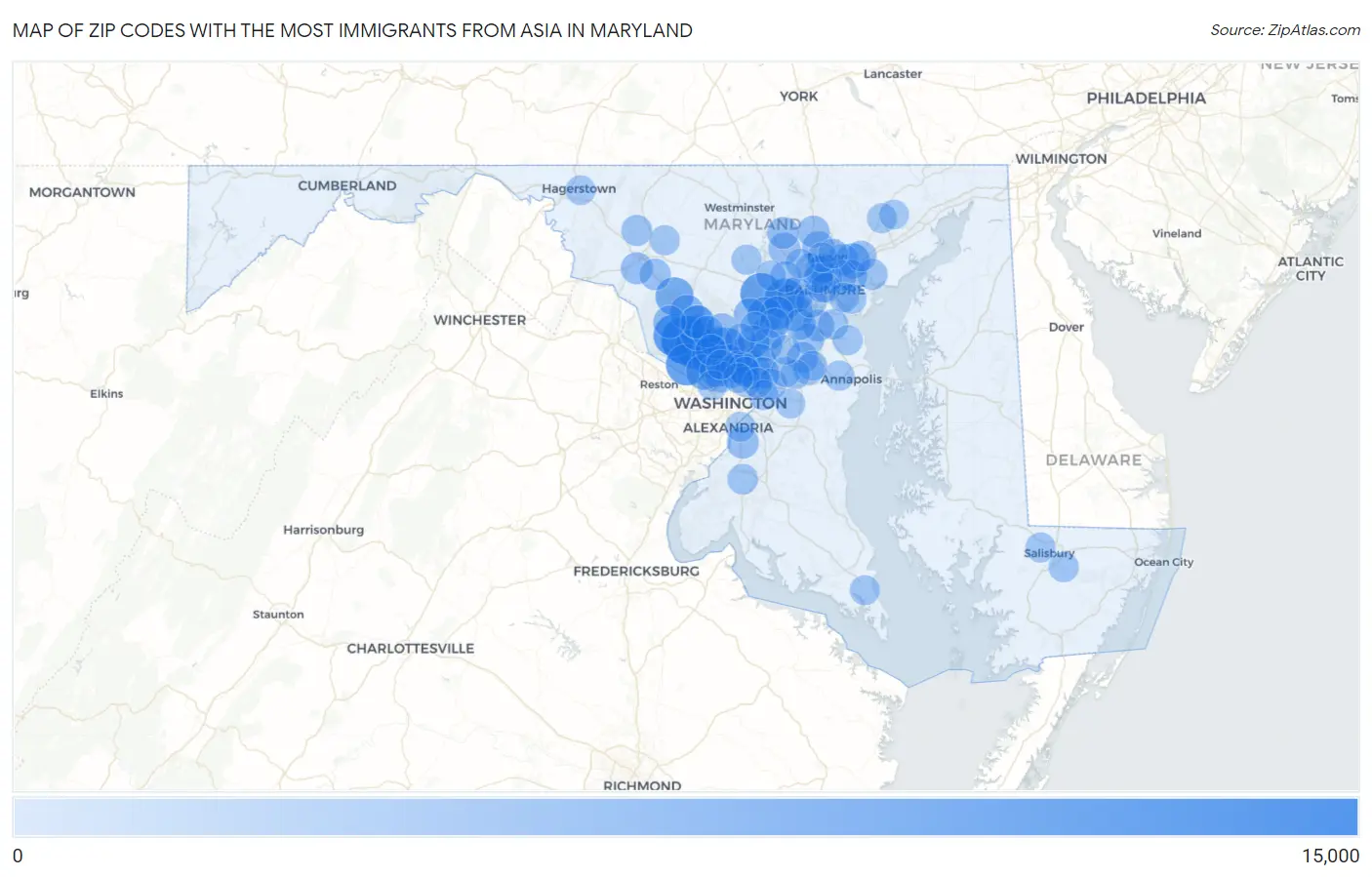Zip Codes with the Most Immigrants from Asia in Maryland Map