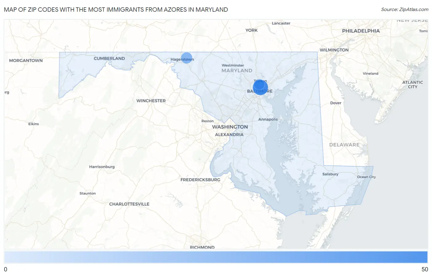 Zip Codes with the Most Immigrants from Azores in Maryland Map