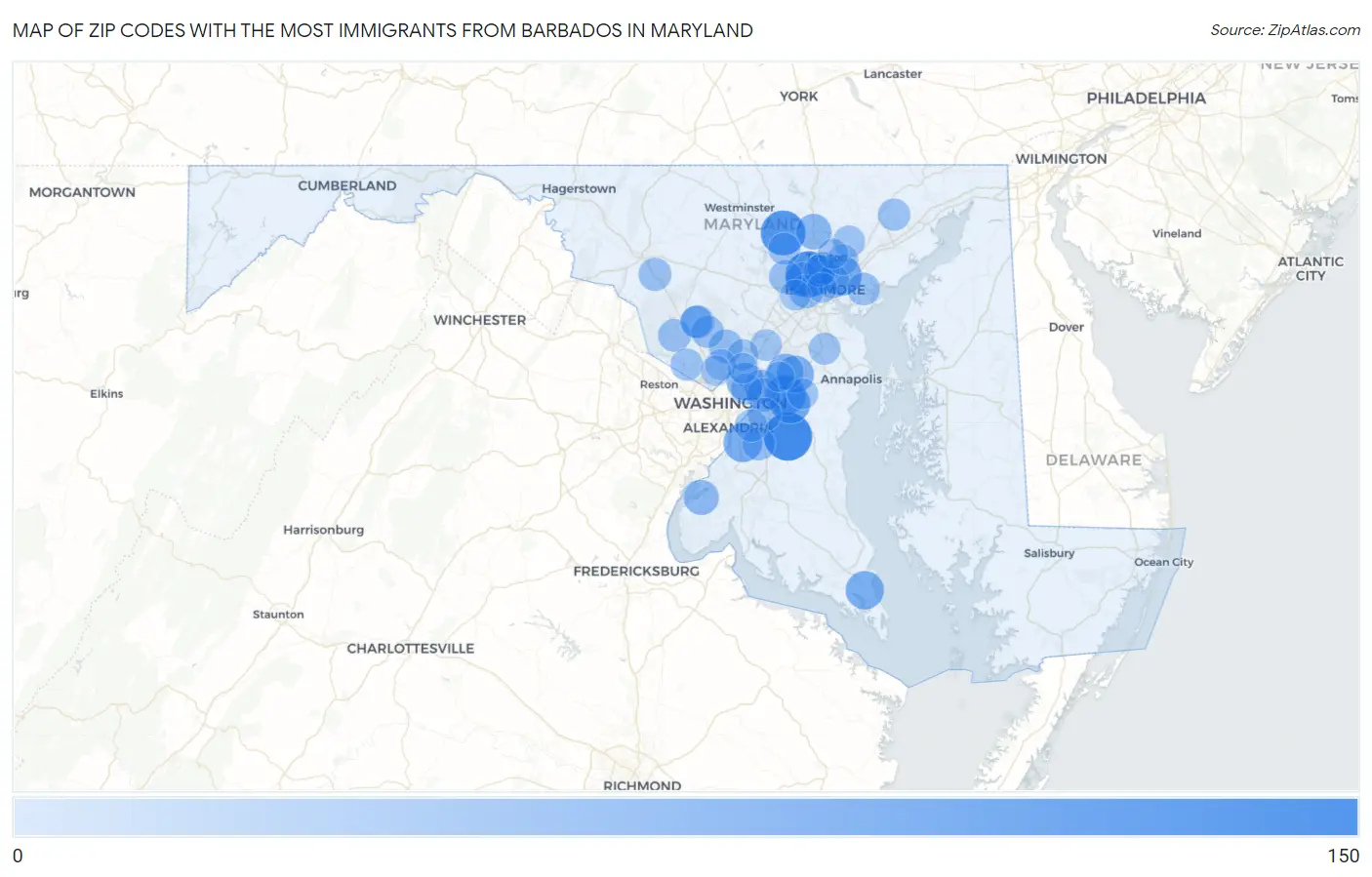 Zip Codes with the Most Immigrants from Barbados in Maryland Map