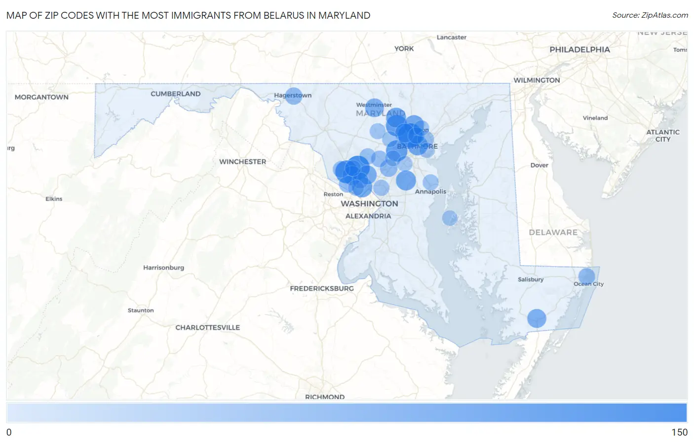 Zip Codes with the Most Immigrants from Belarus in Maryland Map