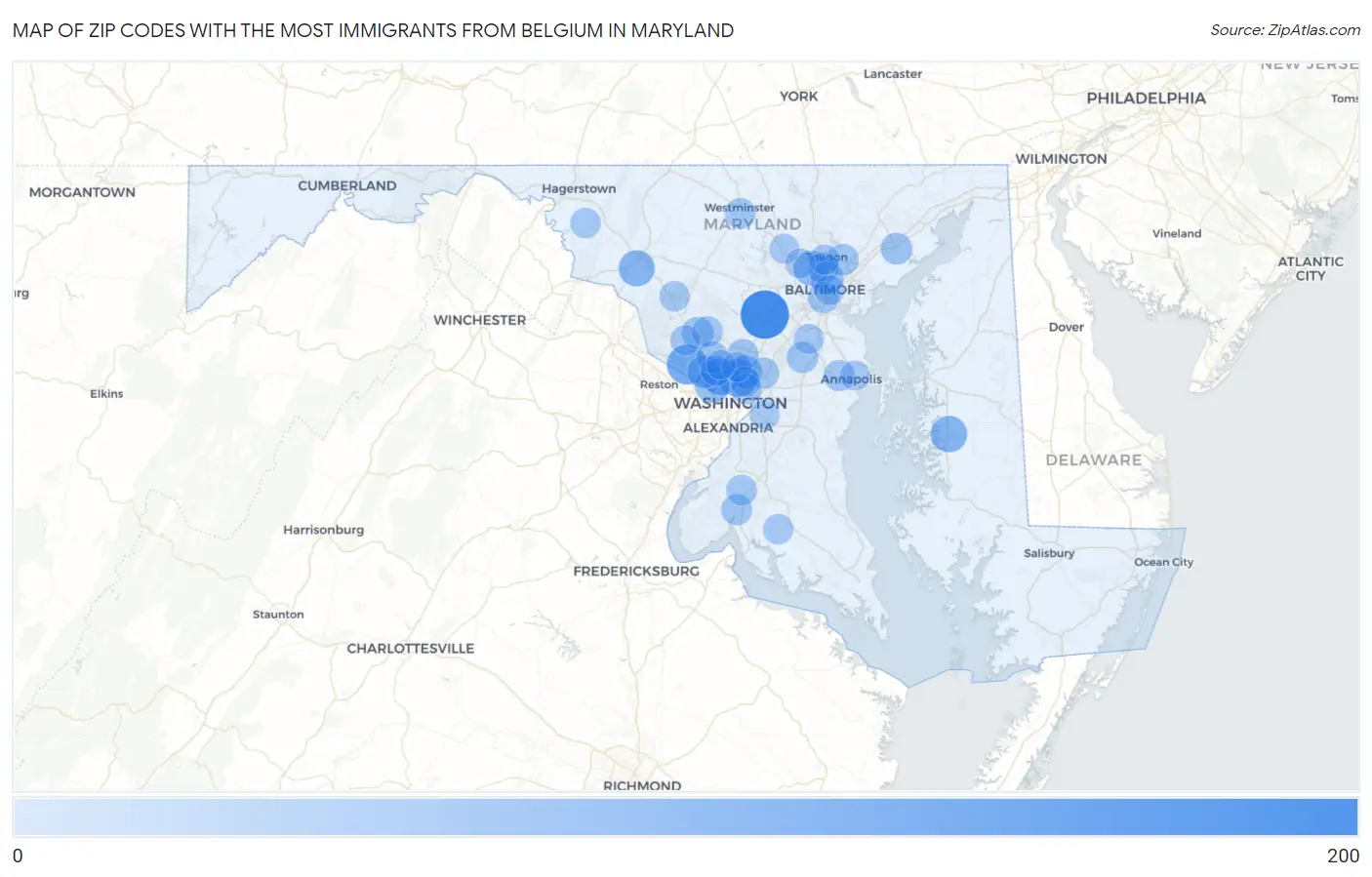 Zip Codes with the Most Immigrants from Belgium in Maryland Map