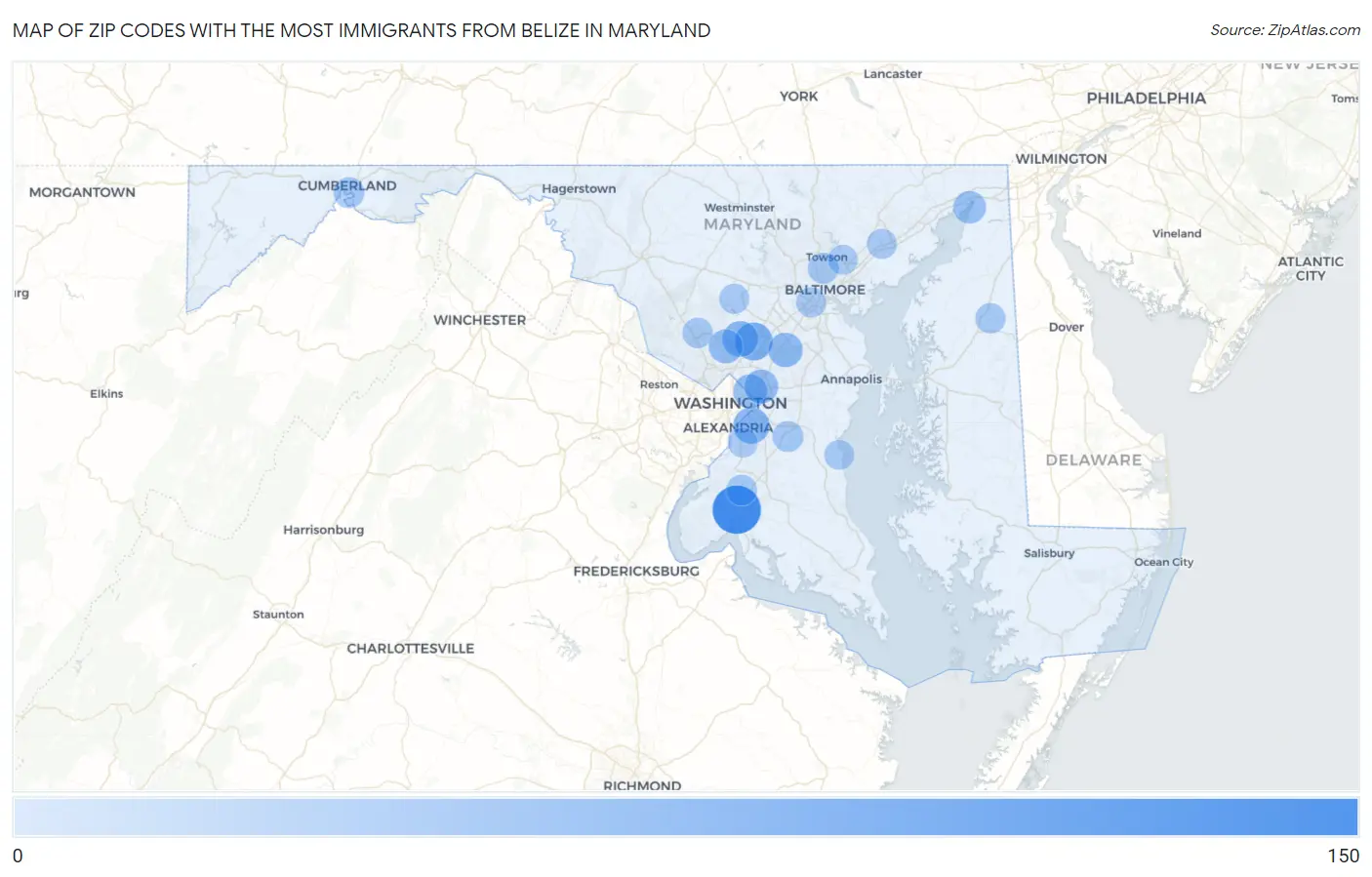 Zip Codes with the Most Immigrants from Belize in Maryland Map