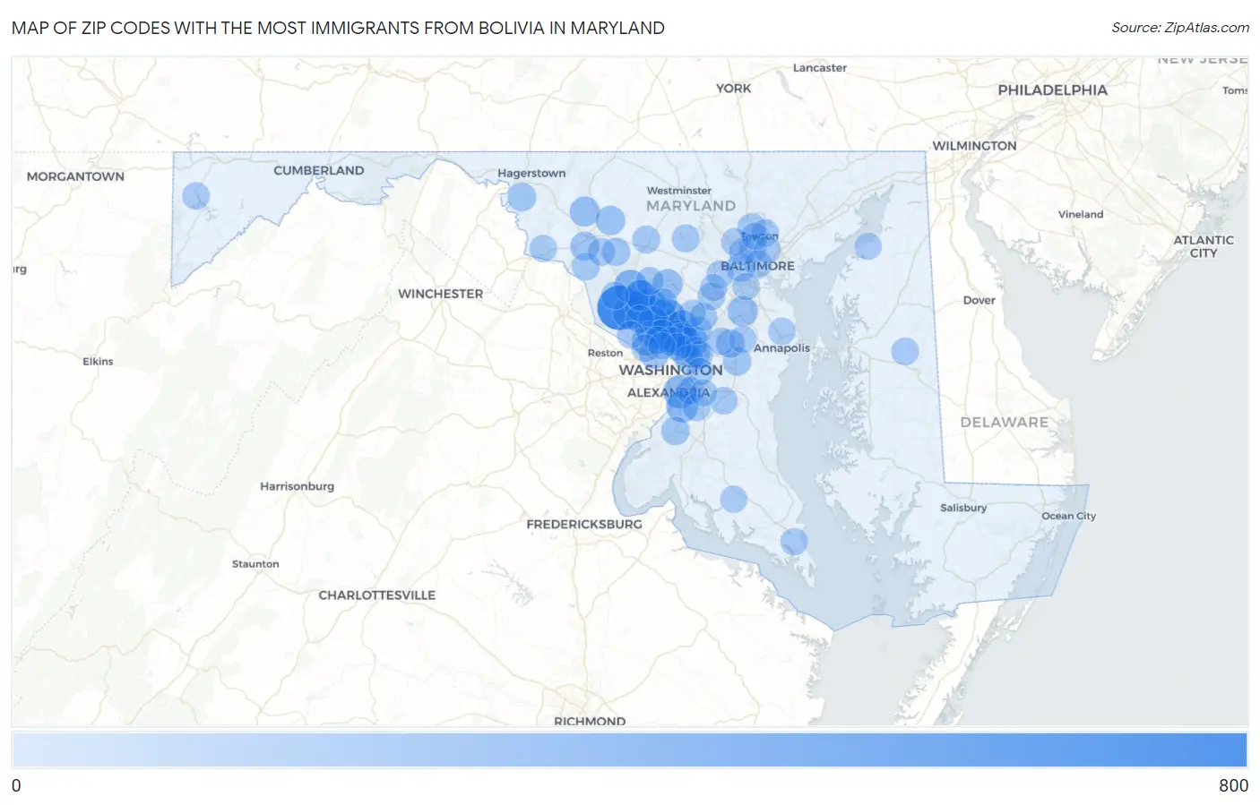 Zip Codes with the Most Immigrants from Bolivia in Maryland Map