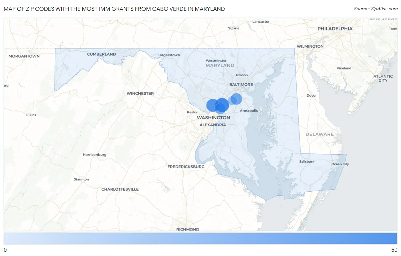 Zip Codes with the Most Immigrants from Cabo Verde in Maryland Map
