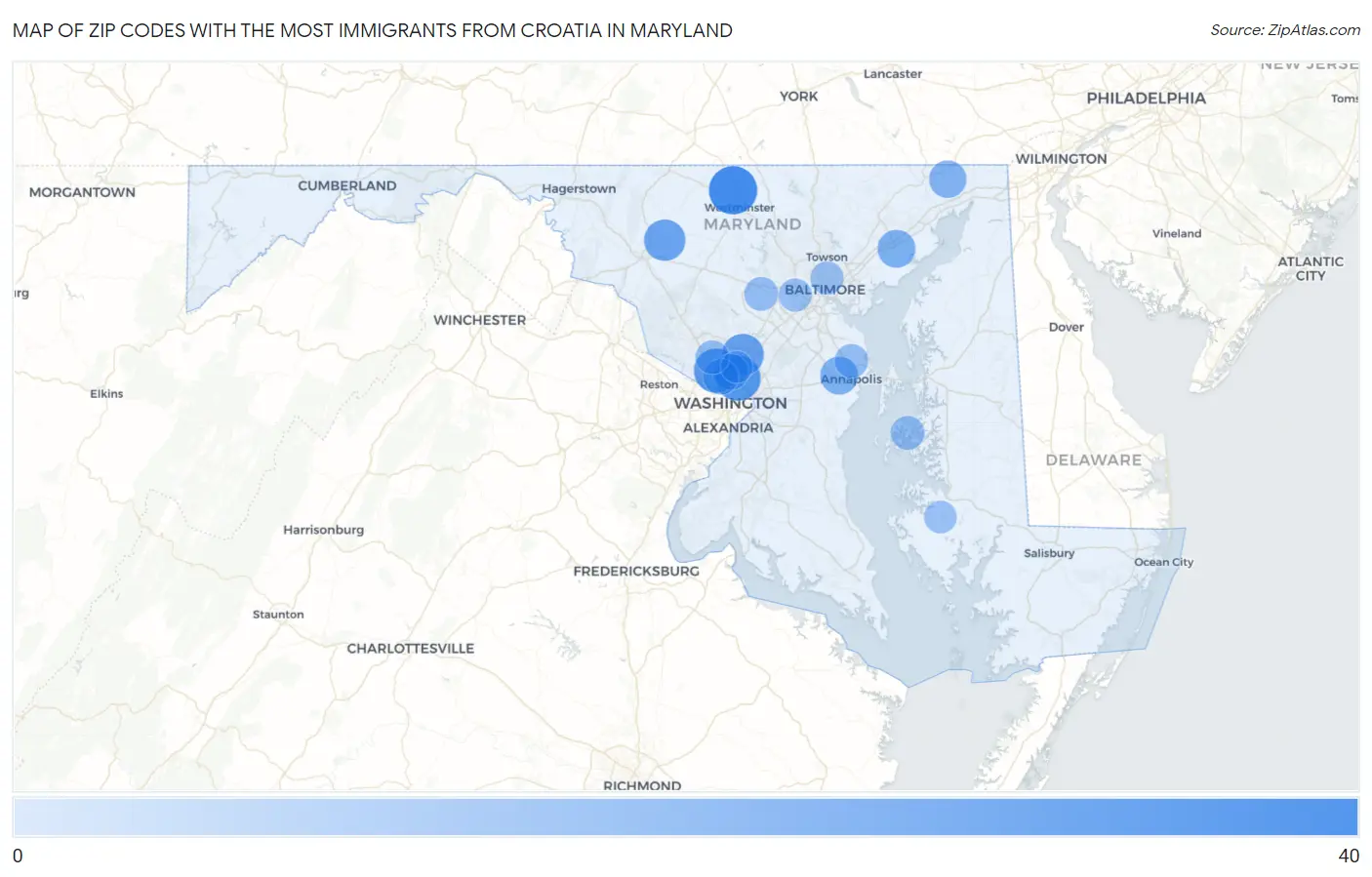 Zip Codes with the Most Immigrants from Croatia in Maryland Map