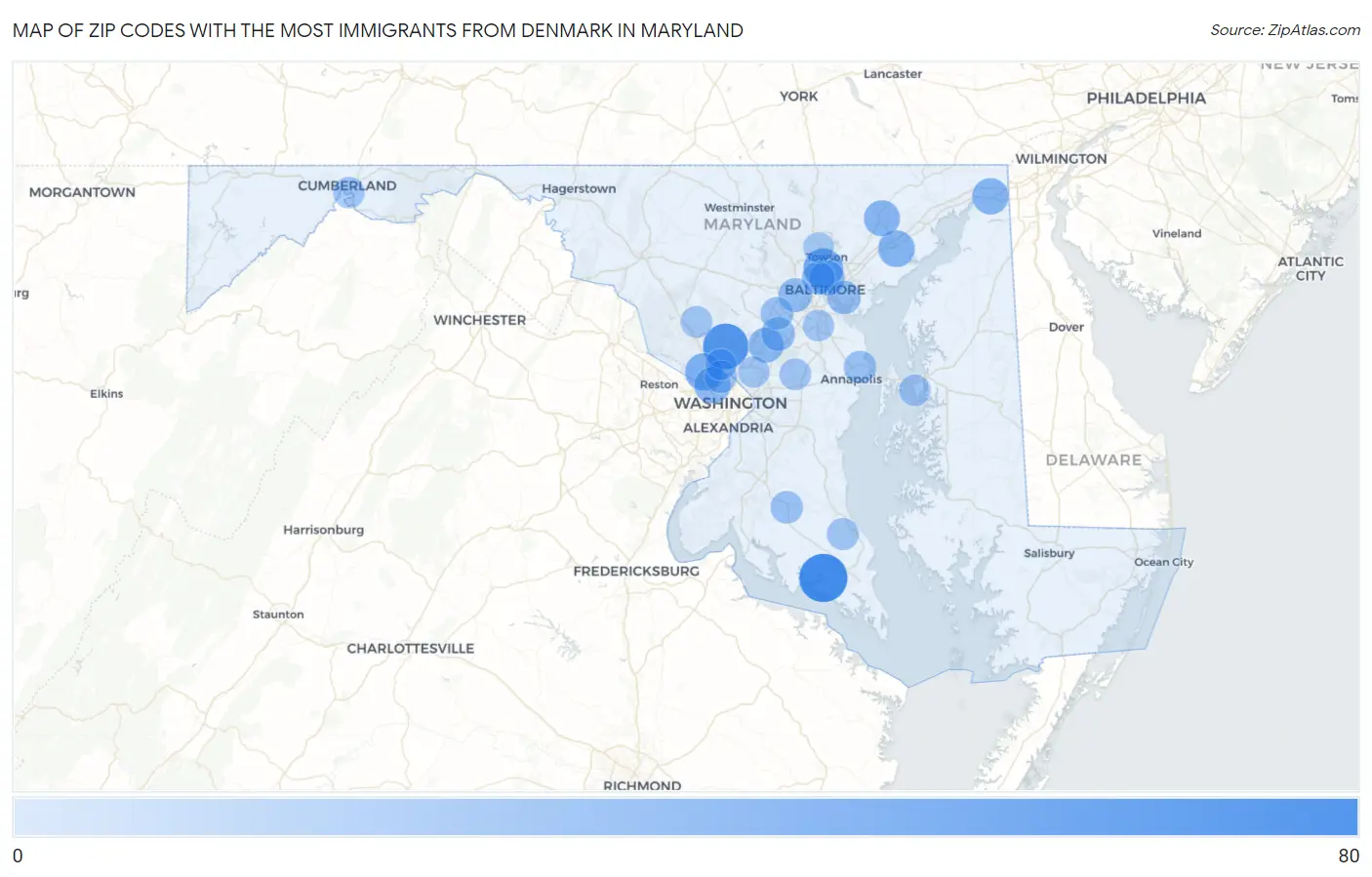 Zip Codes with the Most Immigrants from Denmark in Maryland Map