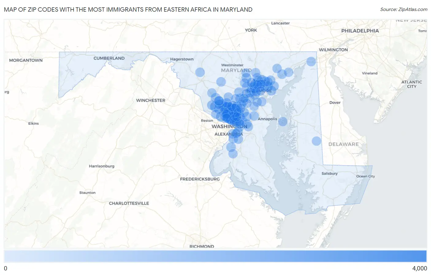 Zip Codes with the Most Immigrants from Eastern Africa in Maryland Map