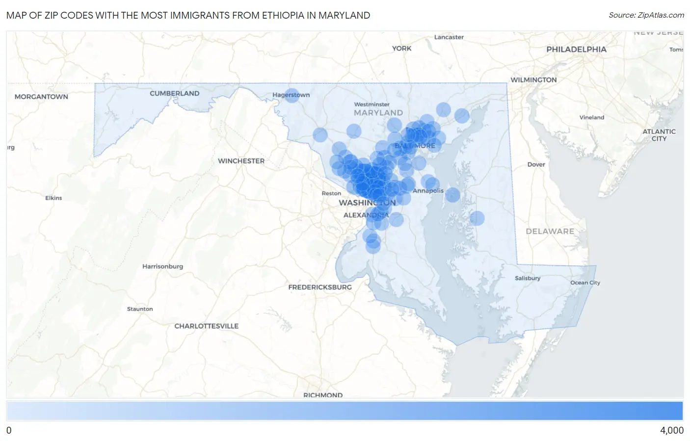 Zip Codes with the Most Immigrants from Ethiopia in Maryland Map