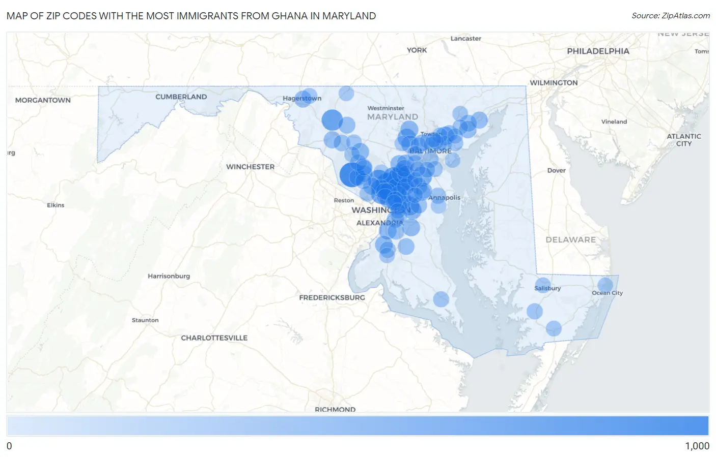 Zip Codes with the Most Immigrants from Ghana in Maryland Map
