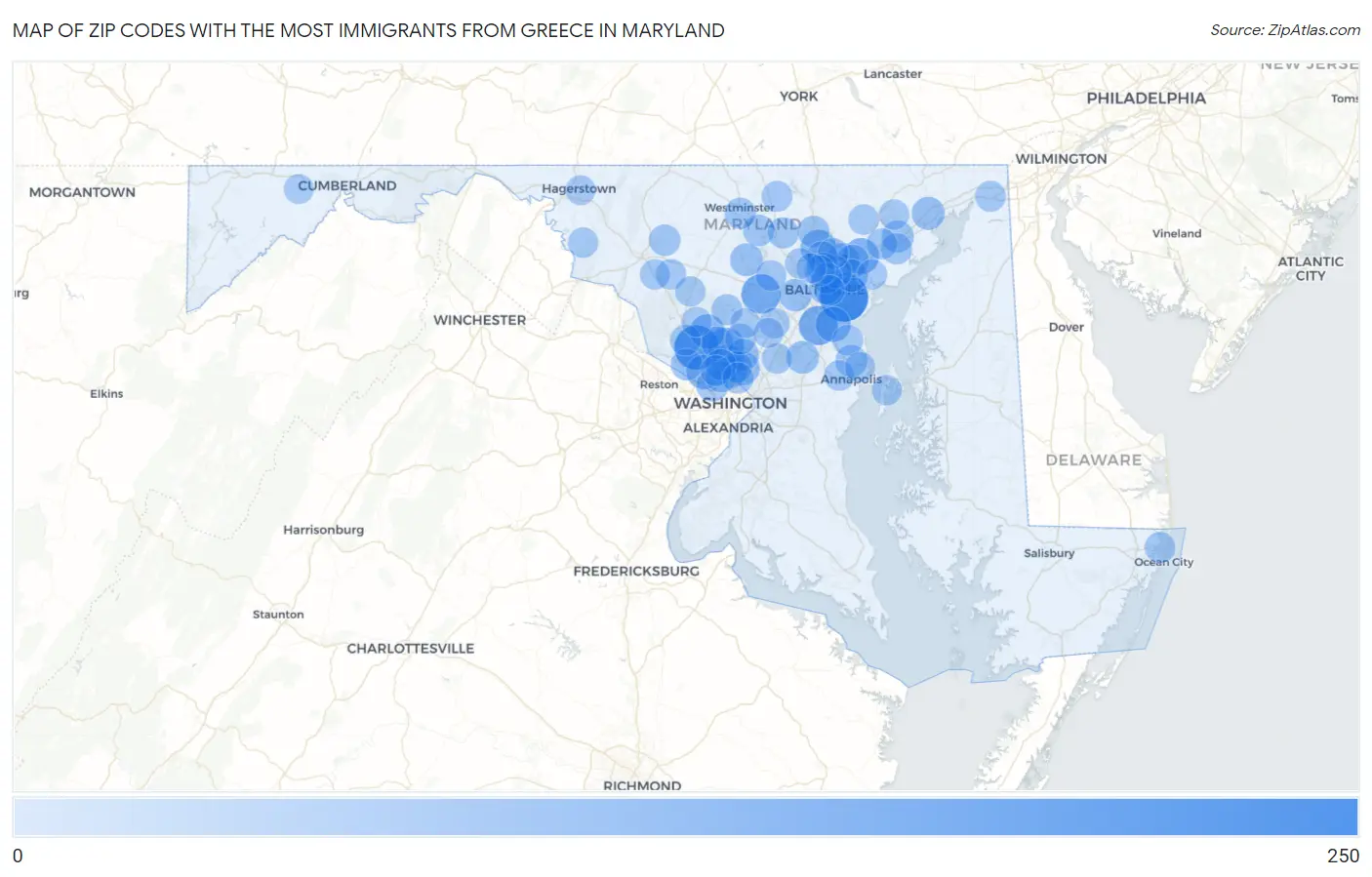 Zip Codes with the Most Immigrants from Greece in Maryland Map