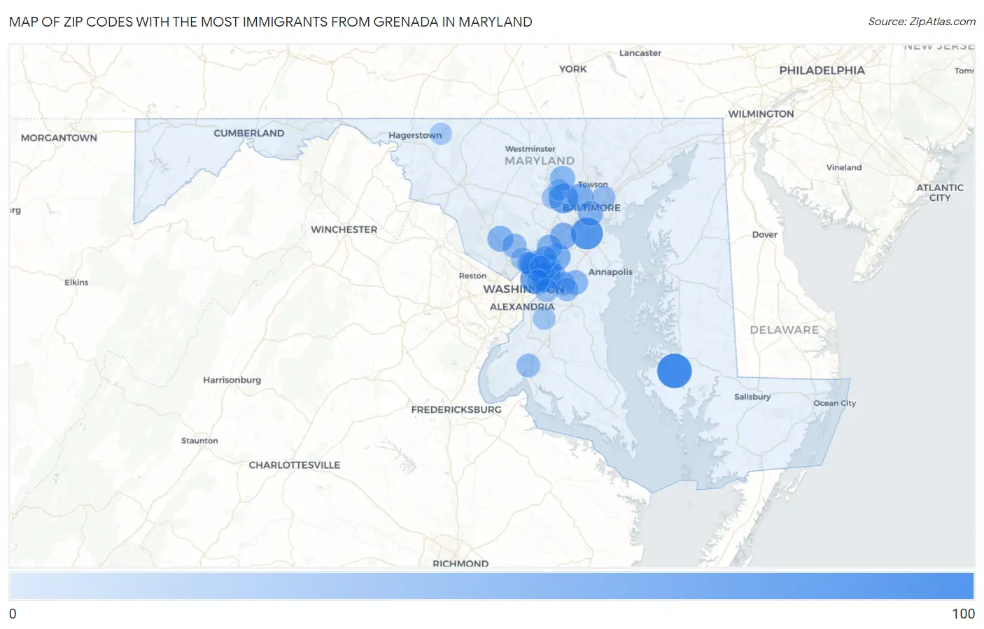 Zip Codes with the Most Immigrants from Grenada in Maryland Map