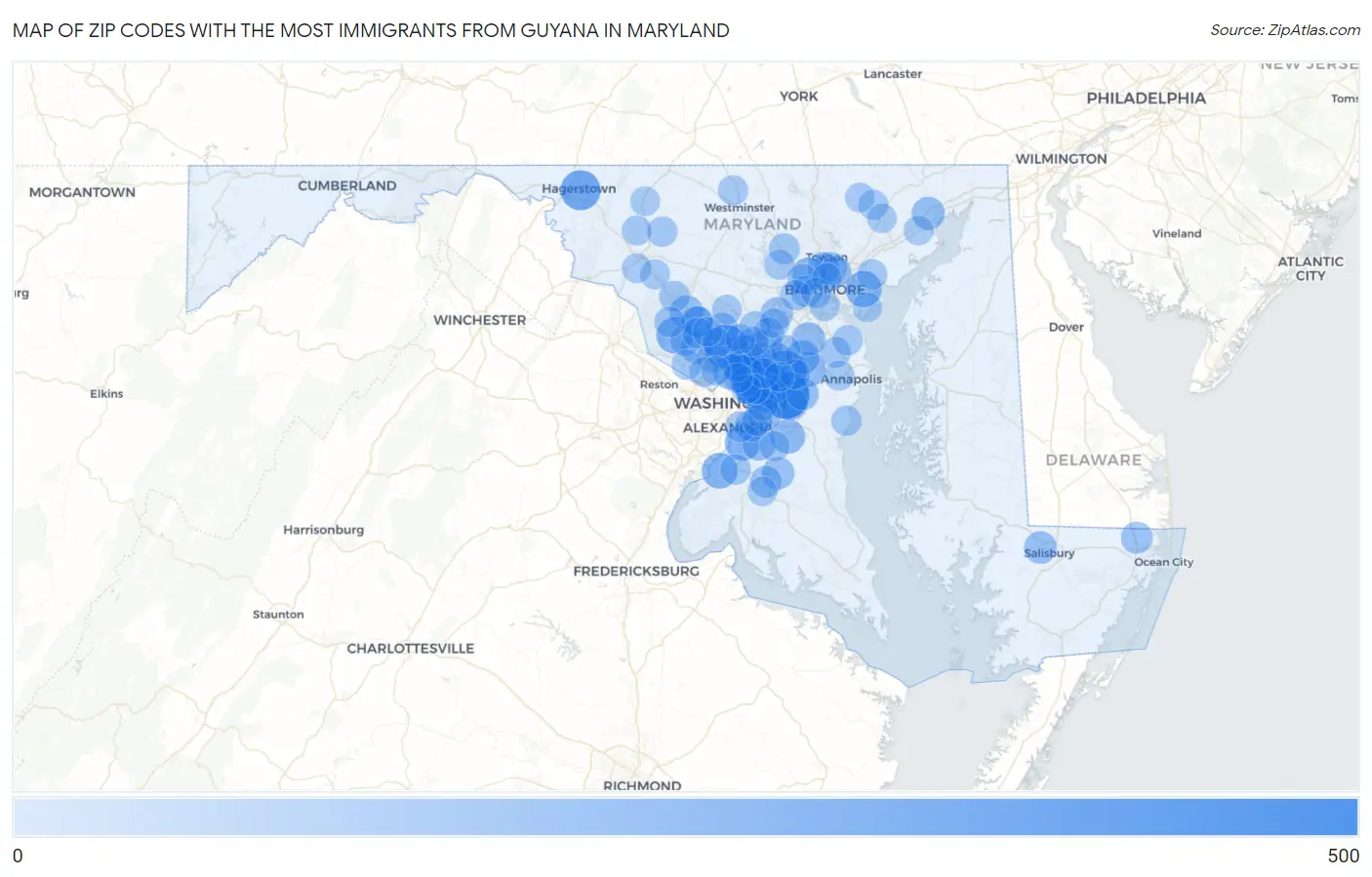 Zip Codes with the Most Immigrants from Guyana in Maryland Map