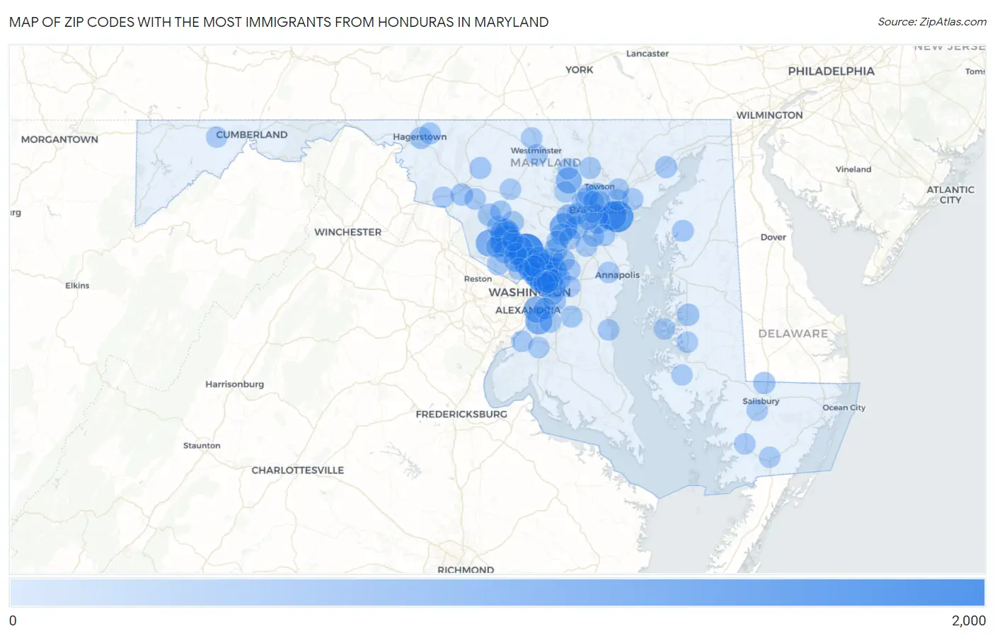 Zip Codes with the Most Immigrants from Honduras in Maryland Map